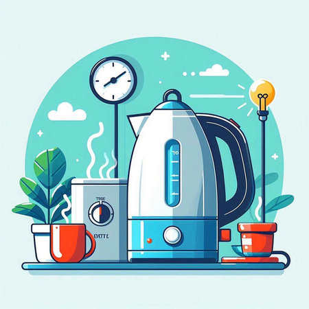 Vector illustration of modern electric kettle in flat style. Teapot with cup of tea, coffee maker, cup of coffee, alarm clock, plant in pot.のイラスト素材