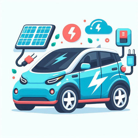Electric car with solar panel. Vector illustration in flat cartoon style.のイラスト素材