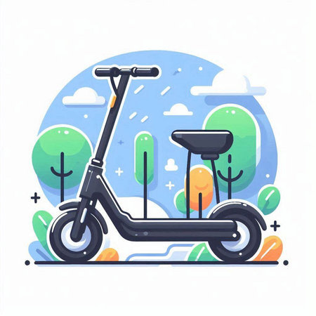 Modern scooter in the park. Colorful flat vector illustration.のイラスト素材