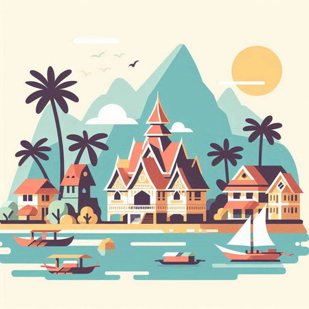 Flat design illustration of a beautiful island with palm trees and boatsのイラスト素材
