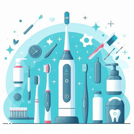 Electric toothbrush and toothpaste. Oral hygiene. Vector illustration.のイラスト素材