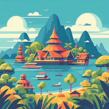Thai temple on the lake. Vector illustration in flat style.のイラスト素材