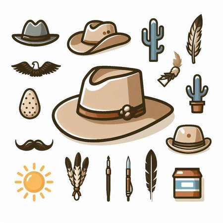 Illustration of a set of hat, hat, mustache and other accessories.のイラスト素材