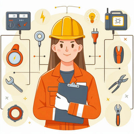 Engineer woman with helmet and checklist. Vector illustration in flat styleのイラスト素材