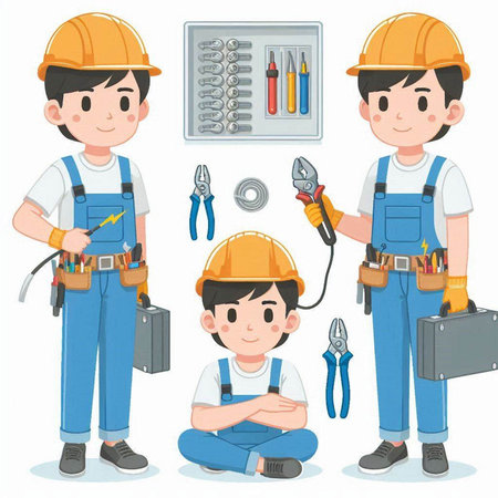 Set of construction workers in helmets and overalls. Vector illustration.のイラスト素材
