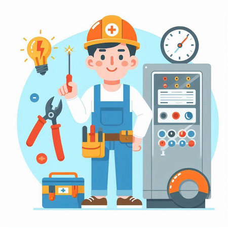 Electrician man with tools. Electrician worker. Vector illustration.のイラスト素材