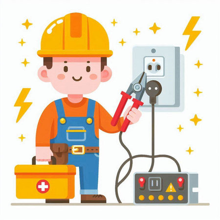 Electrician with electric socket and tools. Vector illustration in cartoon style.のイラスト素材
