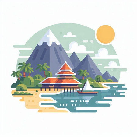 Landscape of mountains and sea. Vector illustration in flat style.のイラスト素材