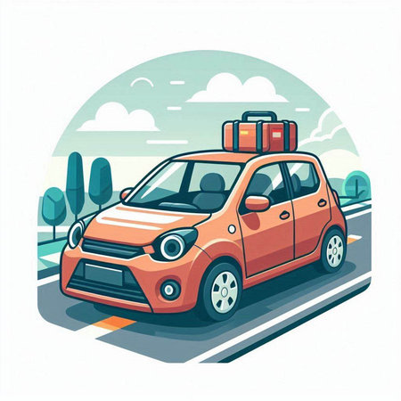 Traveling by car. Vector illustration in flat cartoon style on white background.のイラスト素材