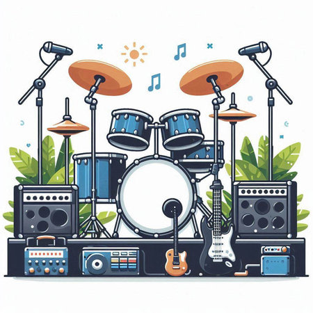 Drum set with musical instruments on white background. Vector illustration.のイラスト素材