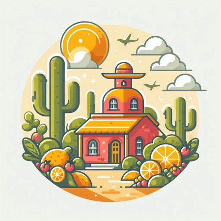 Cactuses, cactuses and red house. Vector illustration.のイラスト素材