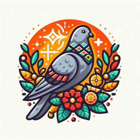 Pigeon with floral ornament. Vector illustration in doodle style.のイラスト素材