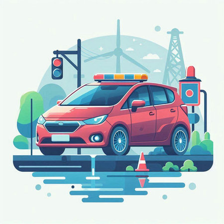 Police car on the road. Vector illustration in flat design style.のイラスト素材