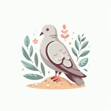 Vector illustration of a pigeon on a background of flowers and plants.のイラスト素材