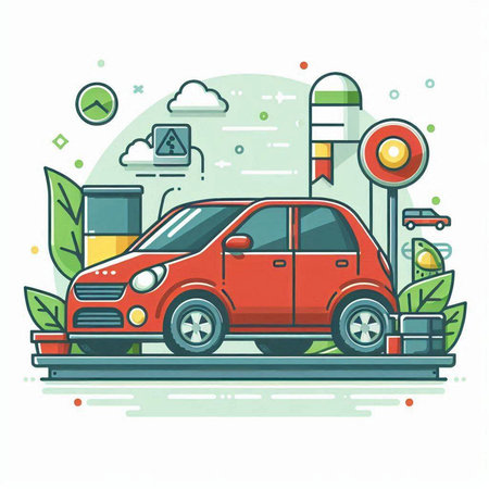 Car on the road. Vector illustration in a flat linear style.のイラスト素材