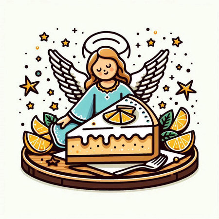 Illustration of a slice of orange cake with angel wings and starsのイラスト素材