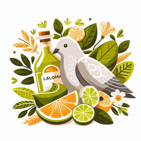 Vector illustration of olive oil, olive branch, lemons and doveのイラスト素材