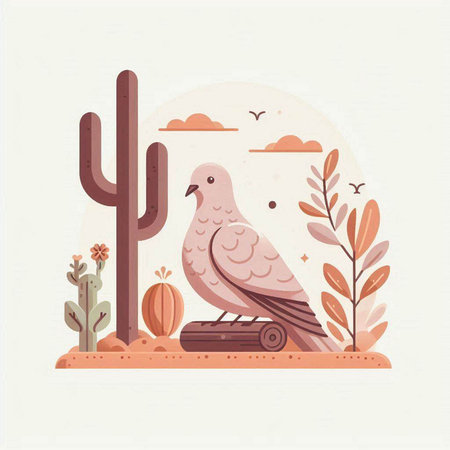 Vector illustration of a desert landscape with a dove and cactus.のイラスト素材