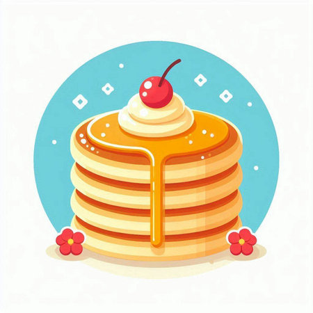 Pancakes with honey and cherry. Vector illustration in cartoon styleのイラスト素材