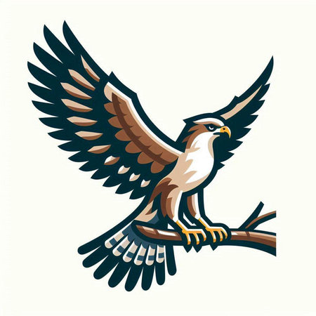 Eagle on tree branch vector illustration. Bird of prey mascot.のイラスト素材