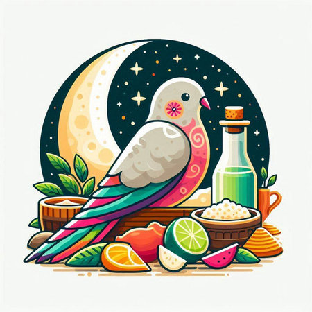 Vector illustration of parrot, bowl of honey, lemon, olive oil, grapefruit, lemon, bowl of ice cream.のイラスト素材
