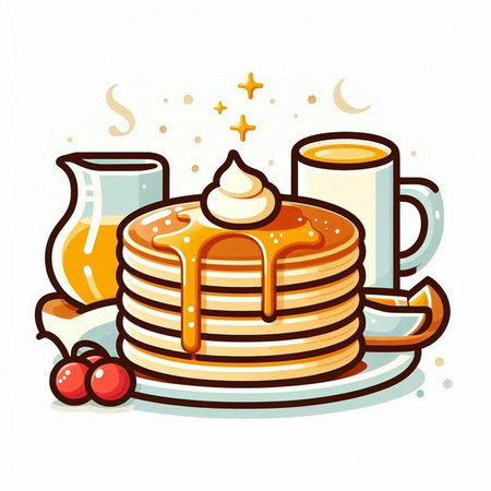 Pancakes with honey and cup of coffee. Vector illustration.のイラスト素材