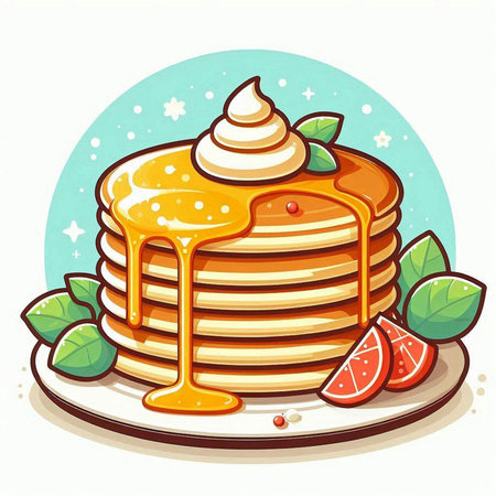 Illustration of a Stack of Pancakes with Honey and Fruitsのイラスト素材