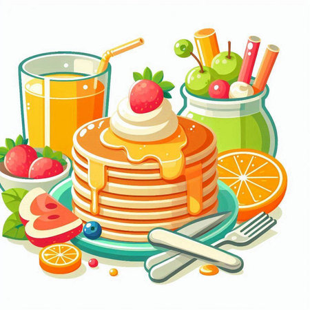 Vector illustration of a stack of pancakes with fruits and honey on a white backgroundのイラスト素材