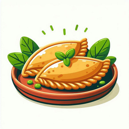 Illustration of traditional empanadas on a plate with green leavesのイラスト素材