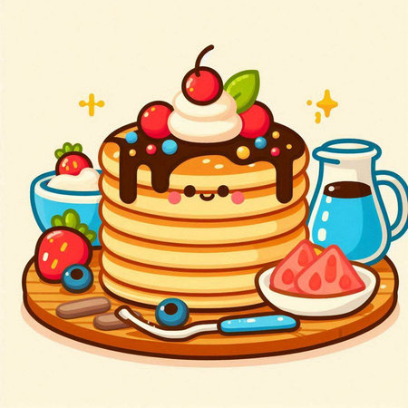 Illustration of a Stack of Pancakes with Berries and Creamのイラスト素材