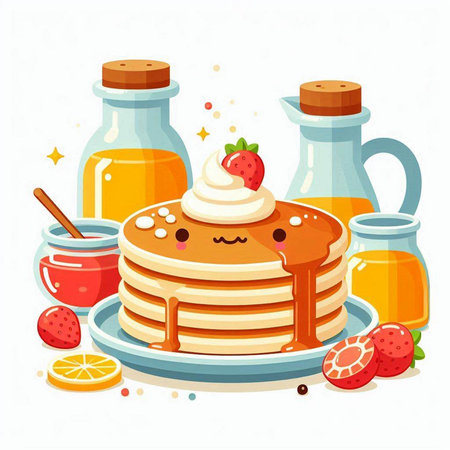 Cute pancakes with honey and strawberry. Vector illustration in cartoon styleのイラスト素材