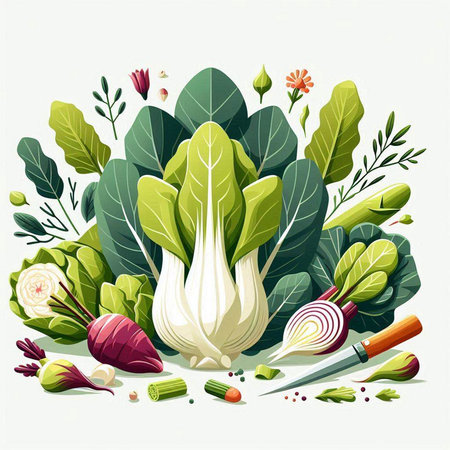 Vegetables. Vector illustration of chinese cabbage, turnip, onion, garlic, parsley, dill.のイラスト素材