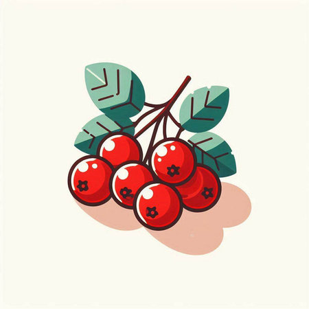 Bunch of red rowan berries with green leaves. Vector illustrationのイラスト素材