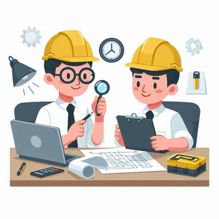Engineer and engineer working on project at office. Vector illustration.のイラスト素材