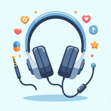 Headphones with microphone and hearts. Vector illustration in flat style.のイラスト素材