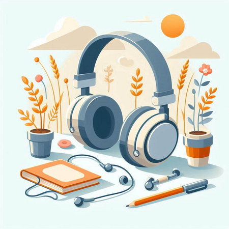 Vector illustration of headphones, notebook and pen on the background of nature.のイラスト素材
