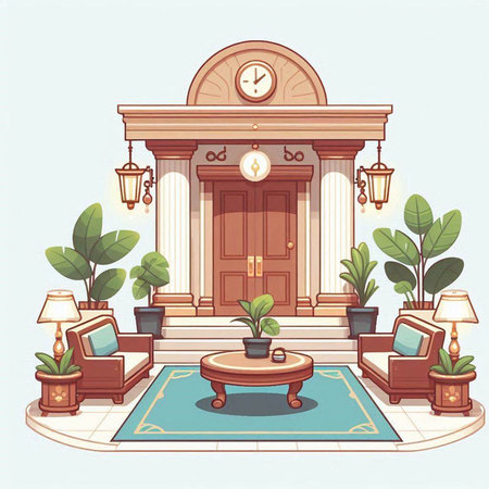 Illustration of a vintage interior with a clock, books and plantsのイラスト素材