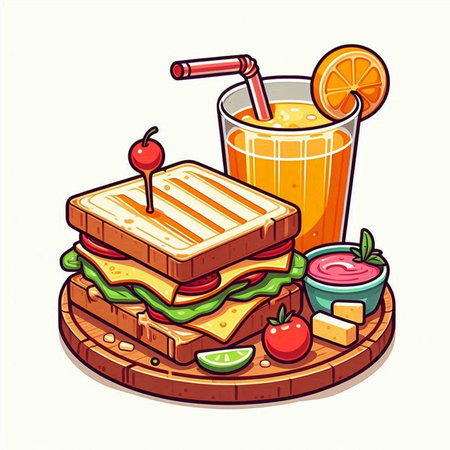 Sandwich with juice and fruit on a white background. Vector illustration.のイラスト素材