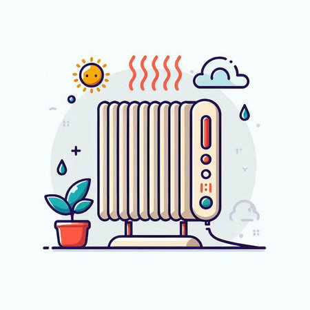 Vector illustration of a heater in a flat line style on a white background.のイラスト素材