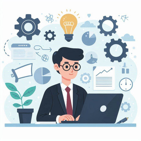 Businessman working on laptop in office. Vector illustration in flat styleのイラスト素材