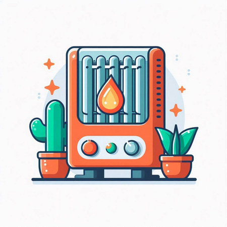 Vector illustration of electric heater in flat line style. Stylized icon of electric heater.のイラスト素材