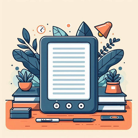 Vector illustration of office workplace with tablet, books and plants. Flat style design.のイラスト素材