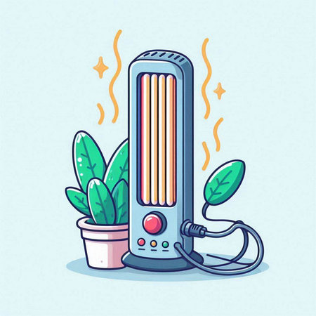 Illustration of an electric heater with a flower pot on a blue backgroundのイラスト素材