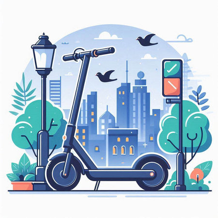 Modern scooter on the background of a city. Vector illustration.のイラスト素材