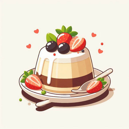 Chocolate pudding with strawberries and blueberries on a plate. Vector illustration.のイラスト素材