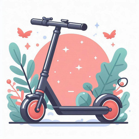 Modern electric scooter on the background of nature. Vector illustration.のイラスト素材
