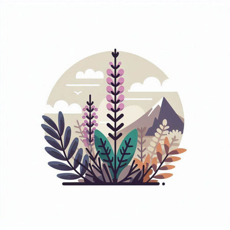 Mountain landscape with flowers and plants. Hand drawn vector illustration.のイラスト素材