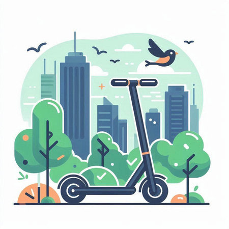 Modern scooter on the background of the city. Vector illustration.のイラスト素材