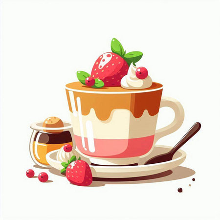 Cup of coffee with whipped cream and strawberries. Vector illustration.のイラスト素材