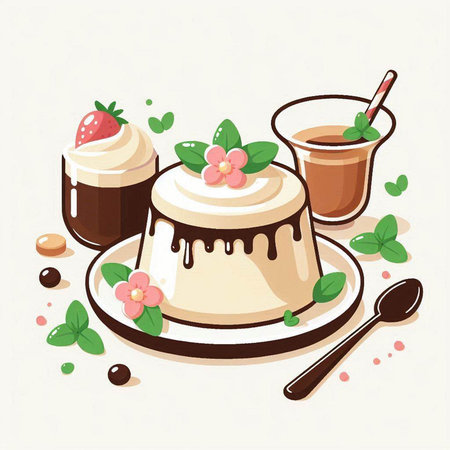 Vector illustration of a cup of coffee and a pudding with whipped cream.のイラスト素材